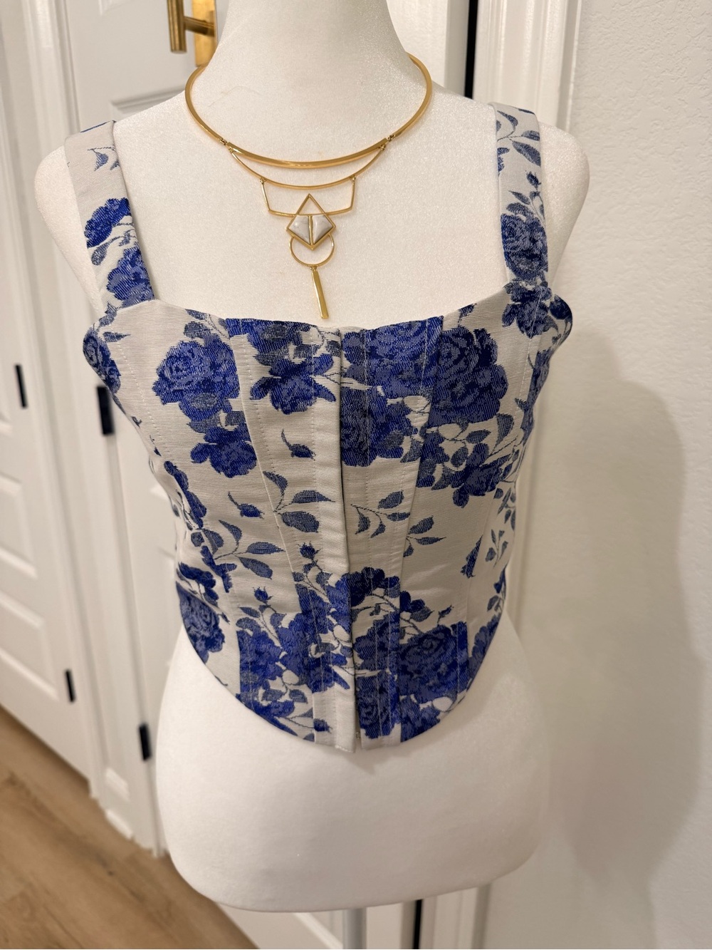 Windsor Cream Bustier Crop Top with Blue Floral Print